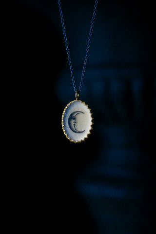 Oval Moon Pendant oxidised Silver Necklace