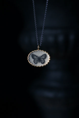 Oval Butterfly, gold Pendant oxidised Silver Necklace