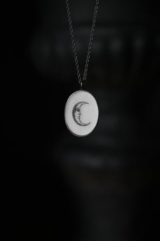 White Oval Moon Pendant oxidised Silver Necklace