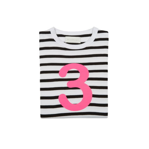 White / Black Striped T Shirt with Pink Numbers