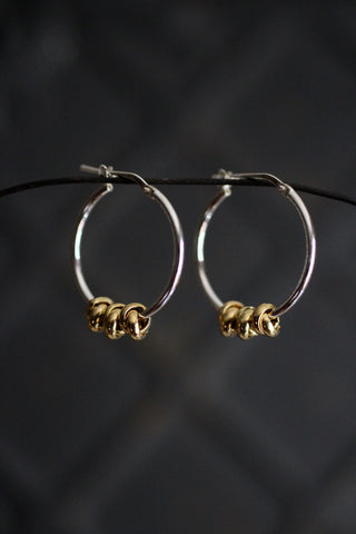 Silver Hoop Earrings with 3 Gold Knots