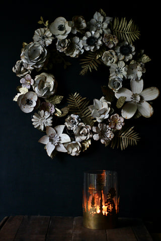 Metal flower wreath, with aged cream gold patina