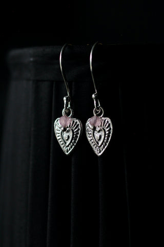 Rose Quartz Heart Earrings | Silver Plated