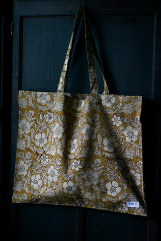 Floral block print tote bag - Mustard