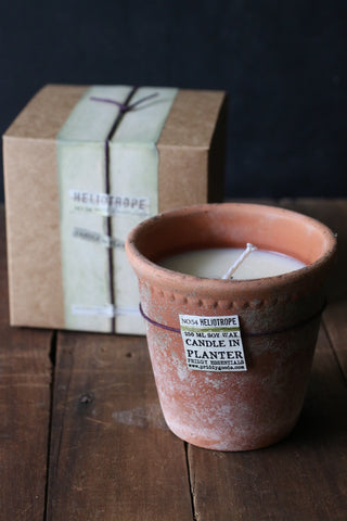 soy wax scented candle in vintage planter | Heliotrope