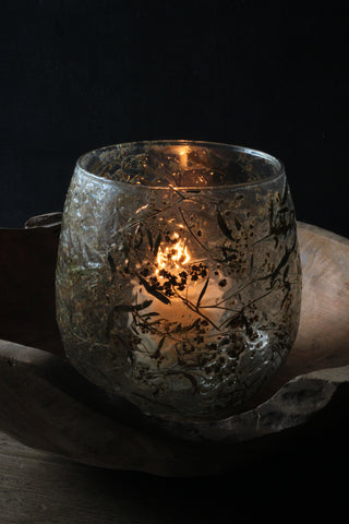 Glass votive with inset foliage