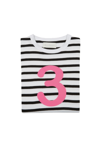 White / Black Striped T Shirt with Pink Numbers