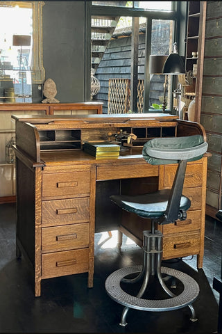 Vintage Oak Tambour Roll Top Desk 1930s