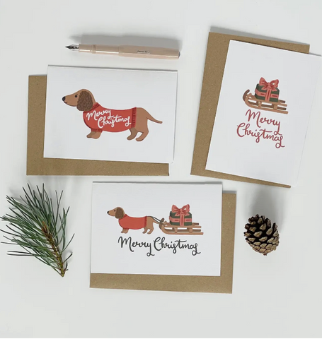 Dachshund Pulling A Sledge Merry Christmas Card Pack