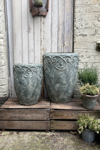 Antiqued Stone Effect Planters (with scroll detail)