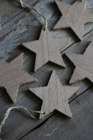 Wooden star, with glass glitter edge