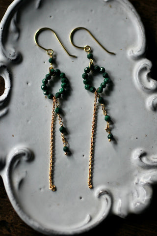 Earrings with chains & gemstones | Gold Plated, green malachite